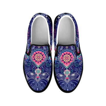 Ornamental Paisley Mandala Print Black Slip On Sneakers