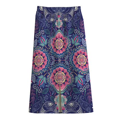 Ornamental Paisley Mandala Print Cotton Front Slit Maxi Skirt