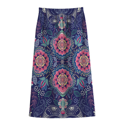 Ornamental Paisley Mandala Print Cotton Front Slit Maxi Skirt
