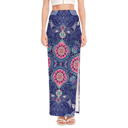 Ornamental Paisley Mandala Print High Slit Maxi Skirt