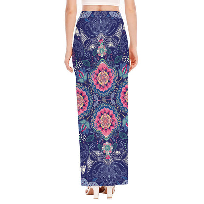 Ornamental Paisley Mandala Print High Slit Maxi Skirt