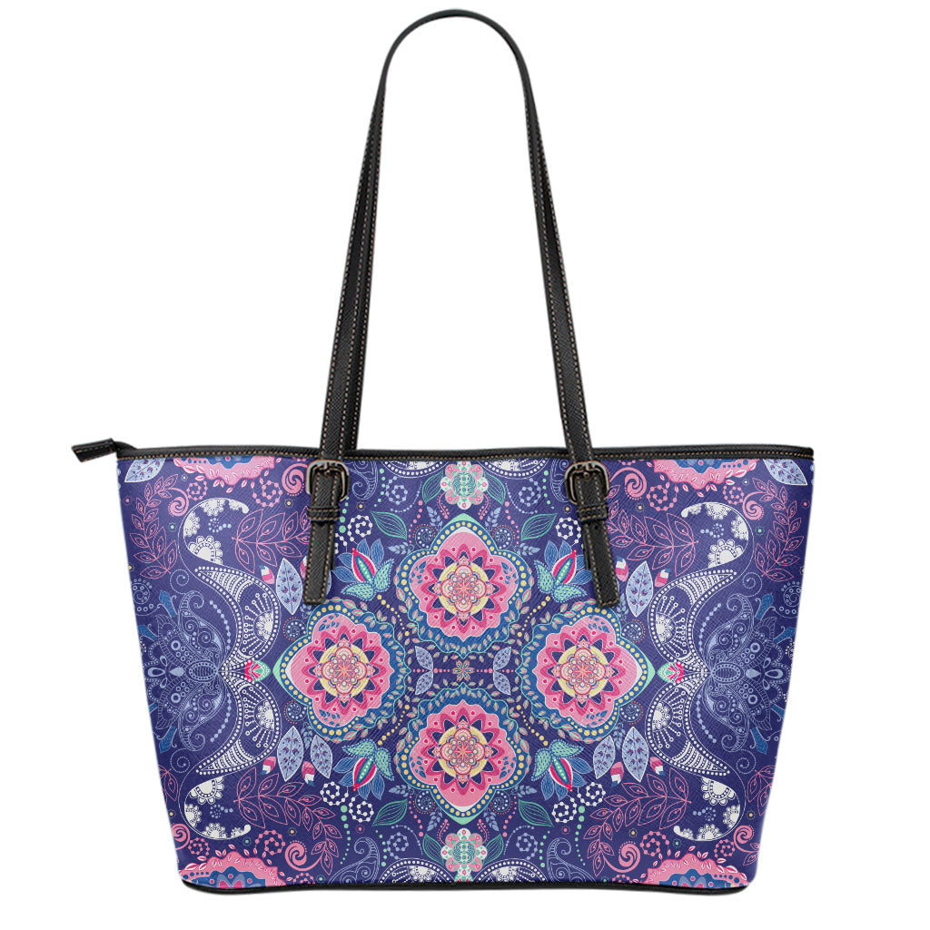 Ornamental Paisley Mandala Print Leather Tote Bag