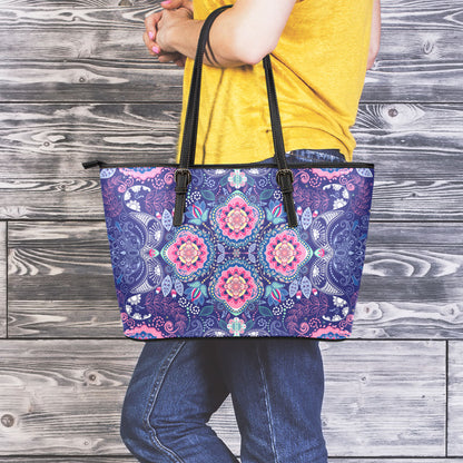 Ornamental Paisley Mandala Print Leather Tote Bag