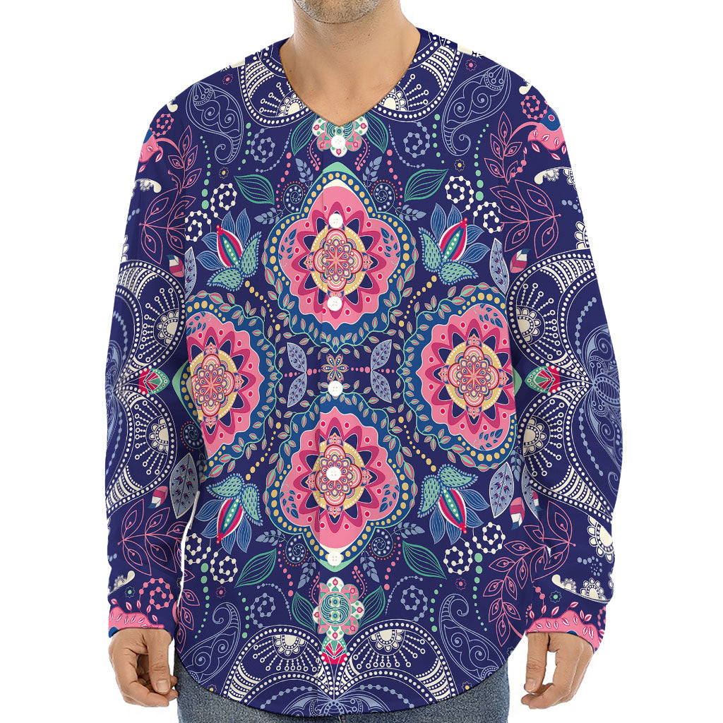 Ornamental Paisley Mandala Print Long Sleeve Baseball Jersey
