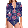 Ornamental Paisley Mandala Print Long Sleeve Swimsuit