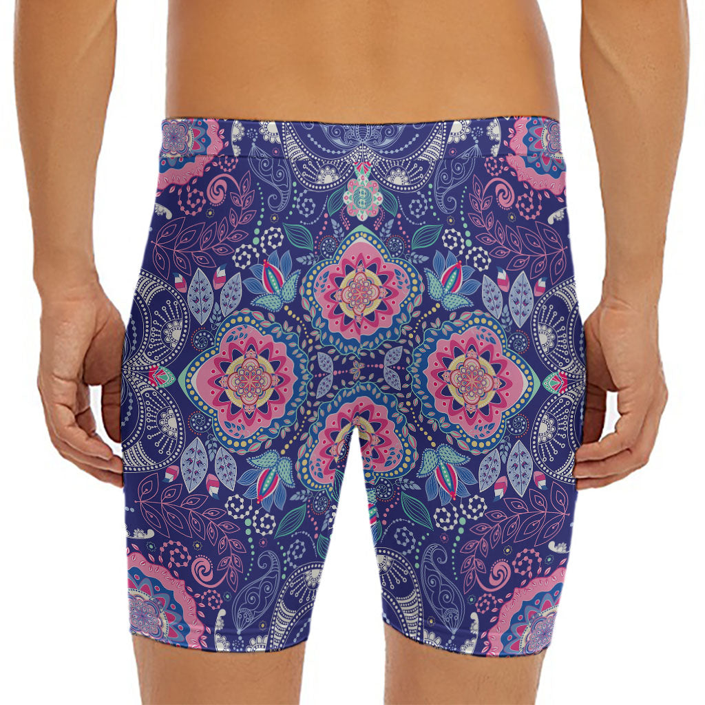 Ornamental Paisley Mandala Print Men's Long Boxer Briefs
