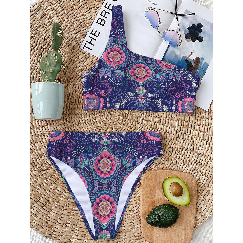 Ornamental Paisley Mandala Print One Shoulder Bikini Top