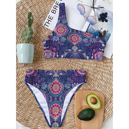 Ornamental Paisley Mandala Print One Shoulder Bikini Top