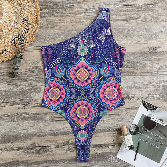 Ornamental Paisley Mandala Print One Shoulder Bodysuit