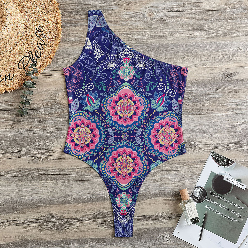 Ornamental Paisley Mandala Print One Shoulder Bodysuit