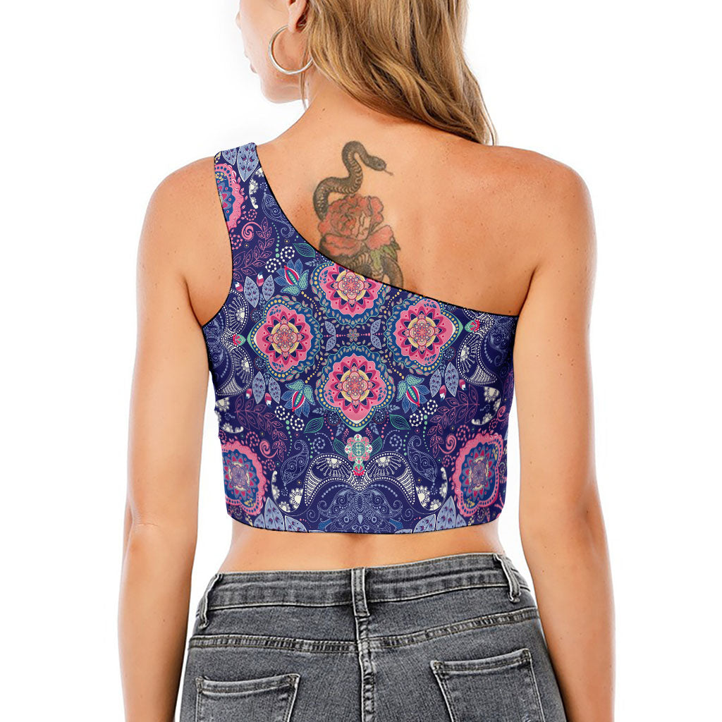 Ornamental Paisley Mandala Print One Shoulder Crop Top