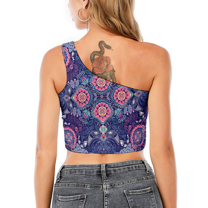 Ornamental Paisley Mandala Print One Shoulder Crop Top