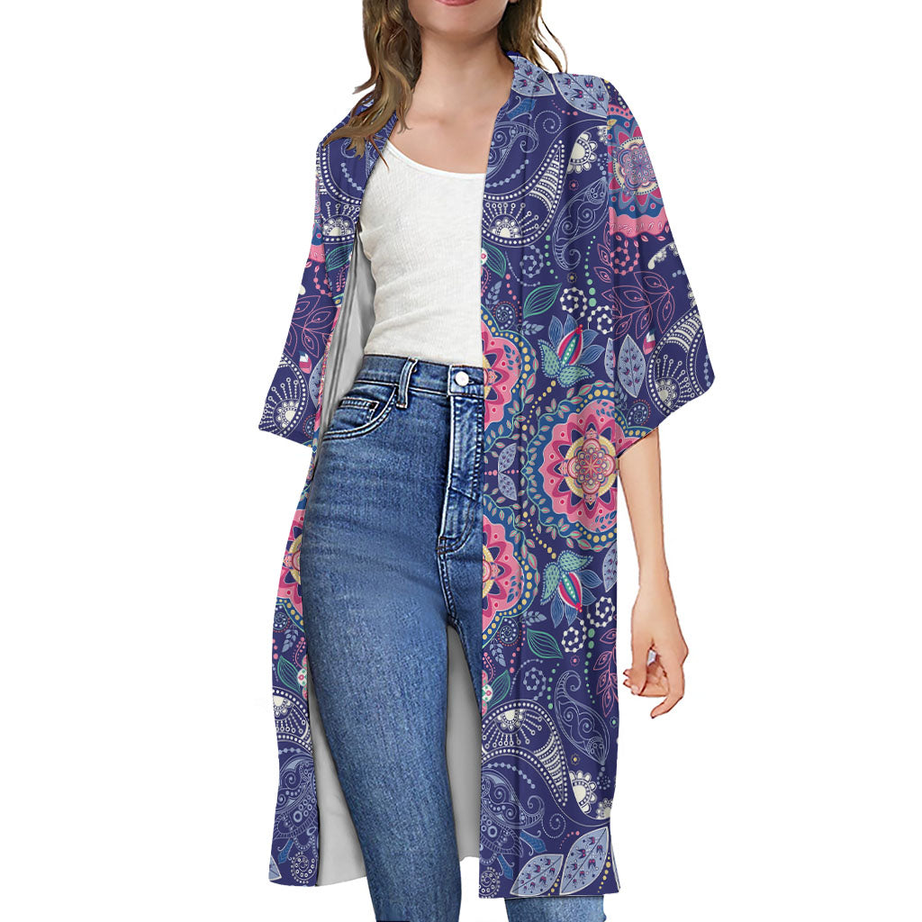 Ornamental Paisley Mandala Print Open Front Beach Cover Up