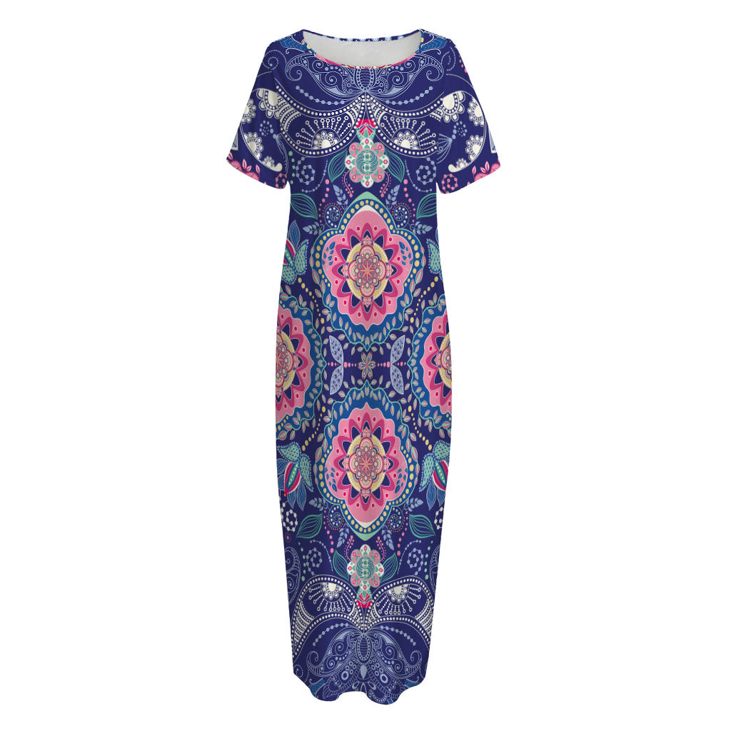 Ornamental Paisley Mandala Print Short Sleeve Long Nightdress