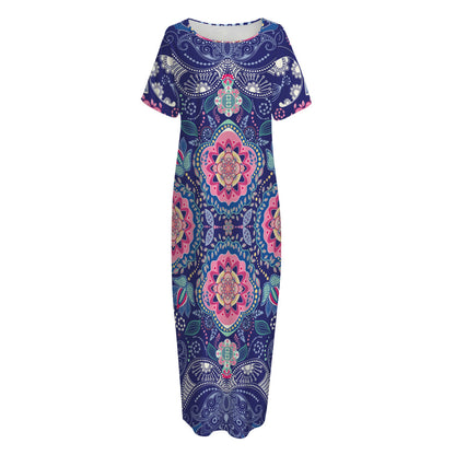Ornamental Paisley Mandala Print Short Sleeve Long Nightdress