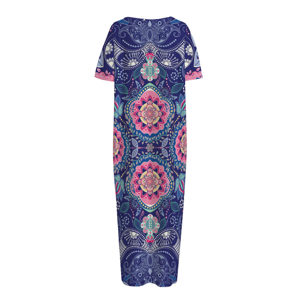 Ornamental Paisley Mandala Print Short Sleeve Long Nightdress