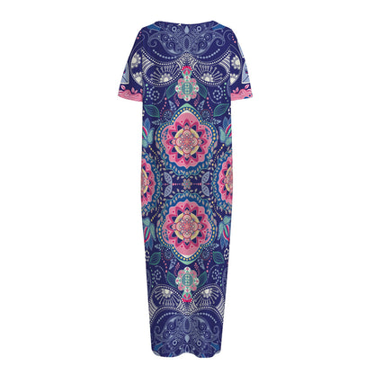 Ornamental Paisley Mandala Print Short Sleeve Long Nightdress