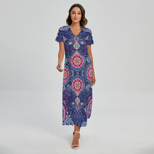 Ornamental Paisley Mandala Print Short Sleeve Maxi Dress