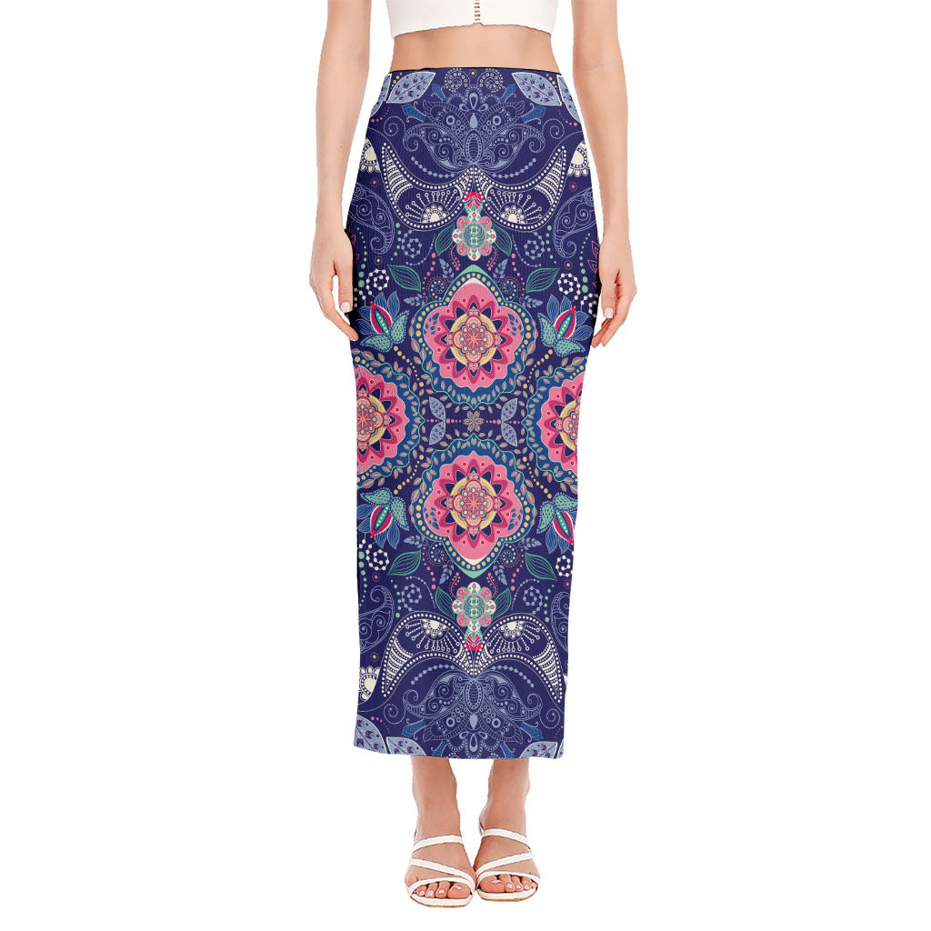 Ornamental Paisley Mandala Print Side Slit Maxi Skirt