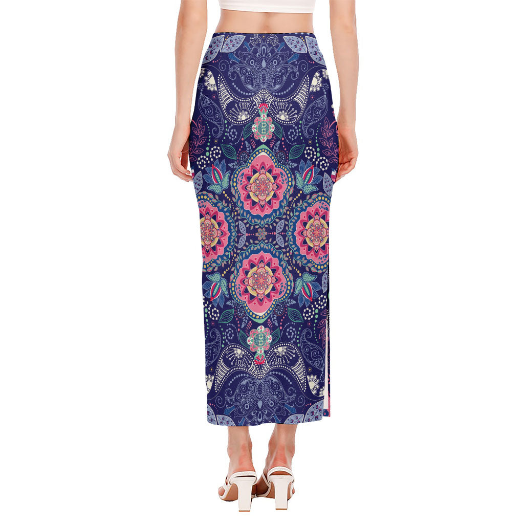 Ornamental Paisley Mandala Print Side Slit Maxi Skirt