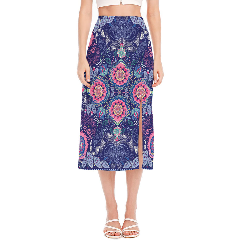 Ornamental Paisley Mandala Print Side Slit Midi Skirt