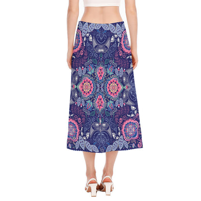 Ornamental Paisley Mandala Print Side Slit Midi Skirt