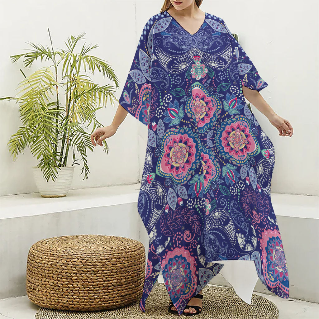 Ornamental Paisley Mandala Print Silk V-Neck Kaftan Dress