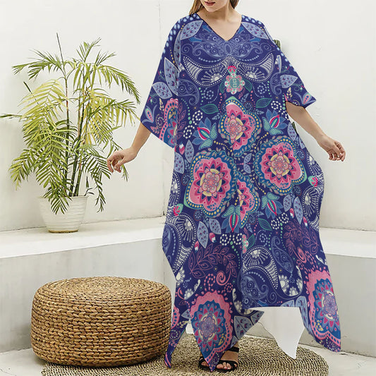 Ornamental Paisley Mandala Print Silk V-Neck Kaftan Dress
