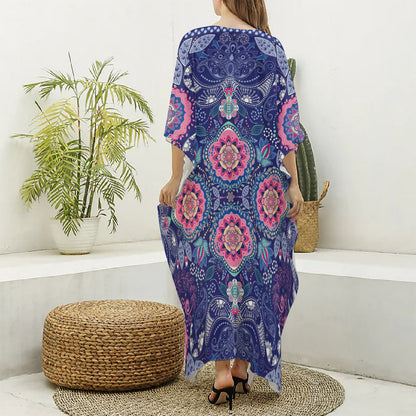 Ornamental Paisley Mandala Print Silk V-Neck Kaftan Dress