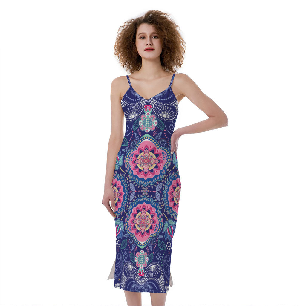 Ornamental Paisley Mandala Print Slim Fit Midi Cami Dress