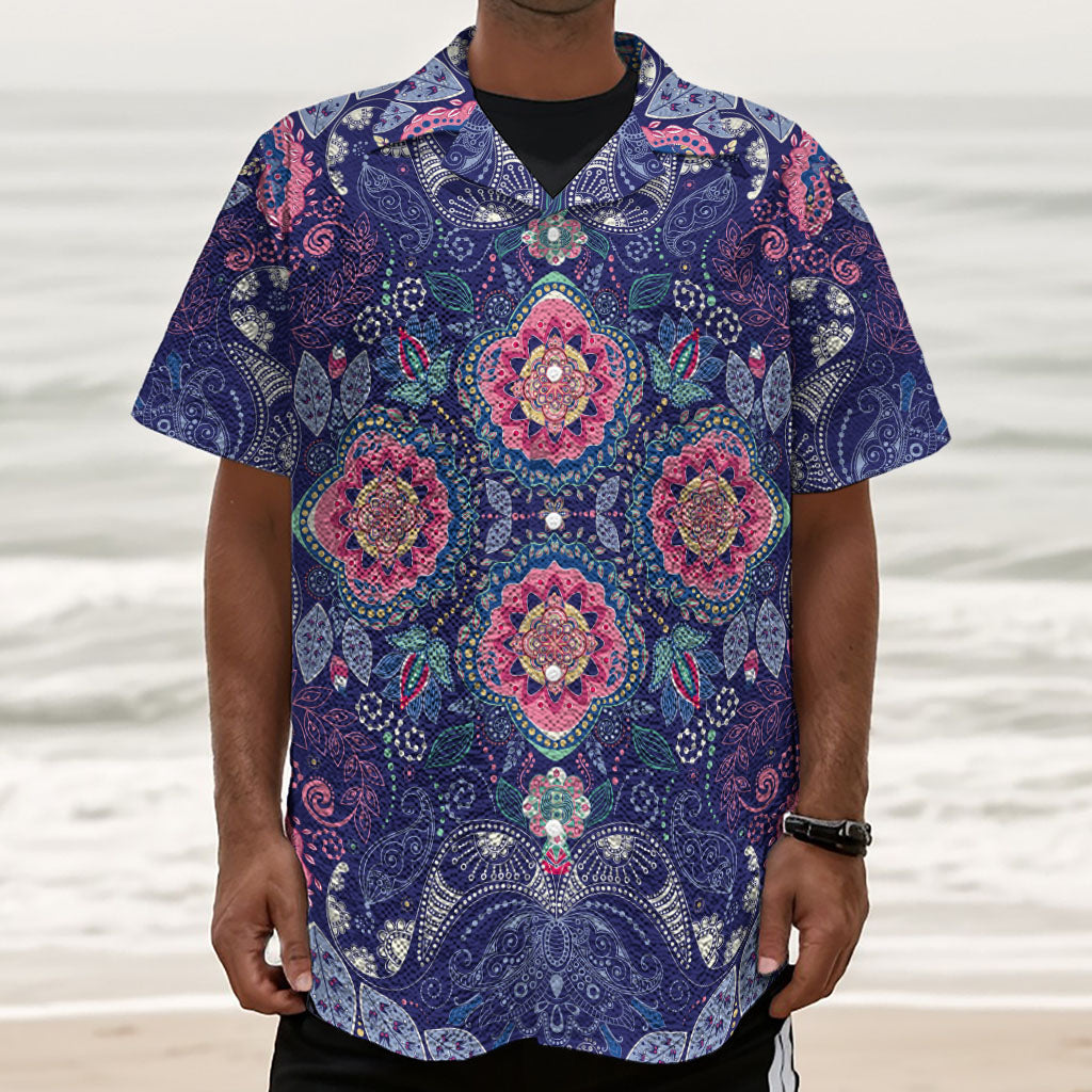 Ornamental Paisley Mandala Print Textured Short Sleeve Shirt