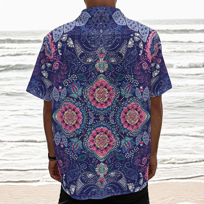 Ornamental Paisley Mandala Print Textured Short Sleeve Shirt