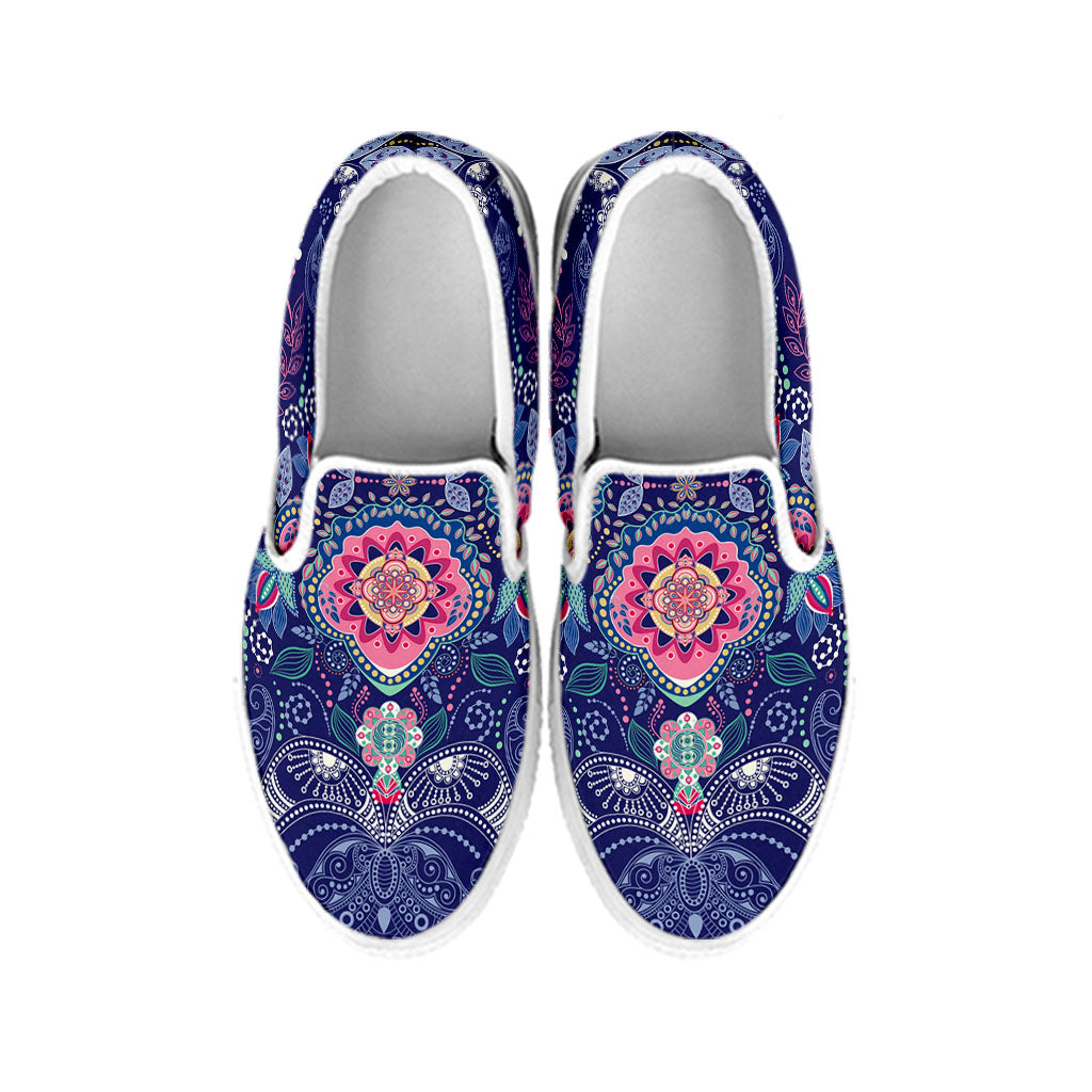 Ornamental Paisley Mandala Print White Slip On Sneakers