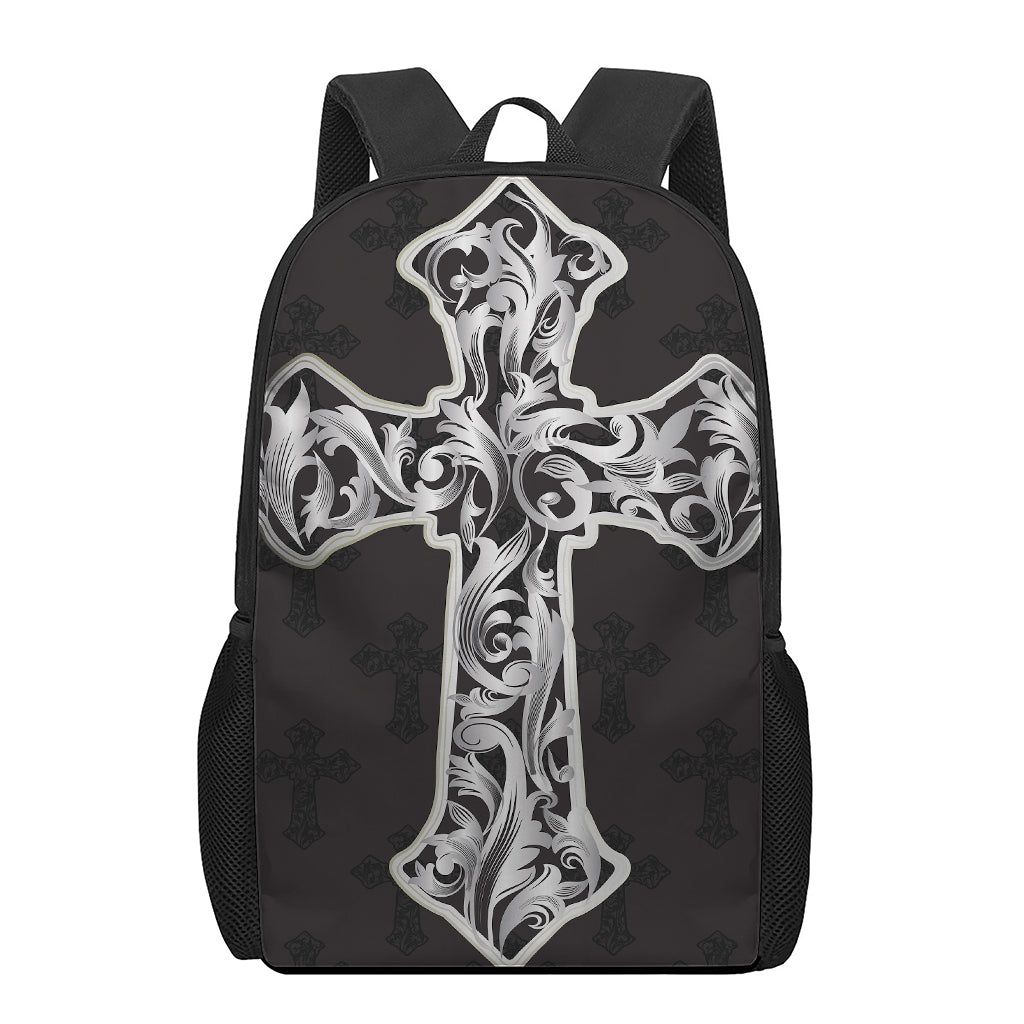 Ornamental Silver Cross Print 17 Inch Backpack