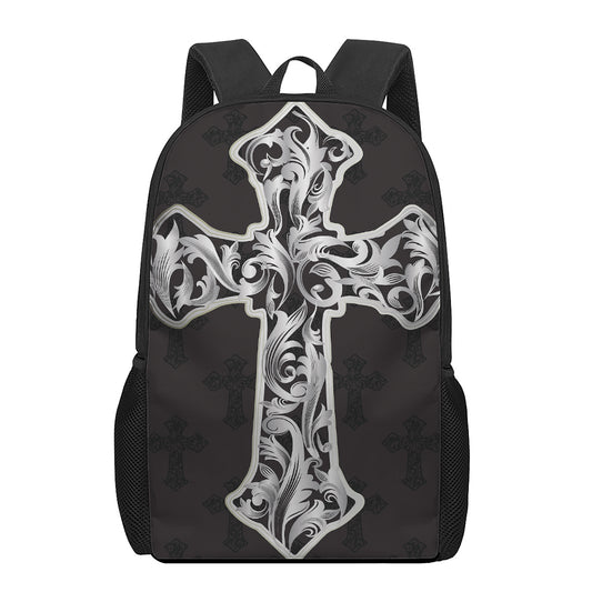 Ornamental Silver Cross Print 17 Inch Backpack