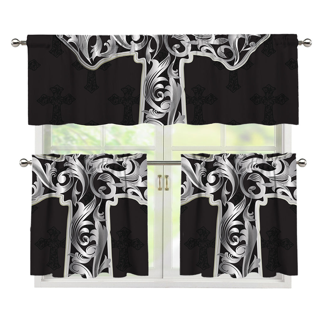 Ornamental Silver Cross Print 3 Piece Kitchen Curtains