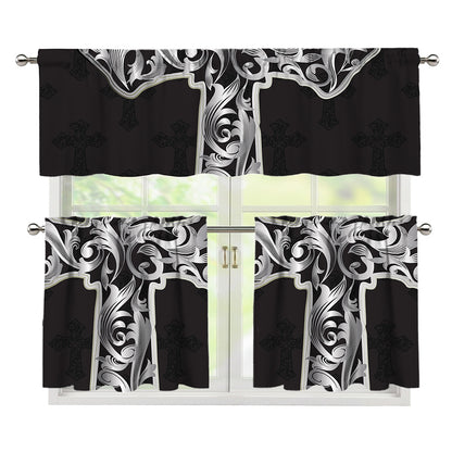 Ornamental Silver Cross Print 3 Piece Kitchen Curtains