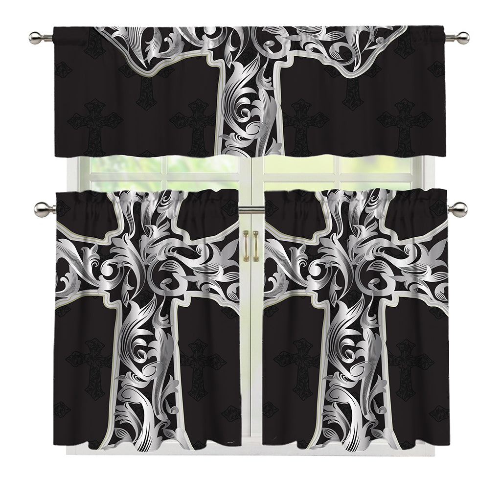 Ornamental Silver Cross Print 3 Piece Kitchen Curtains