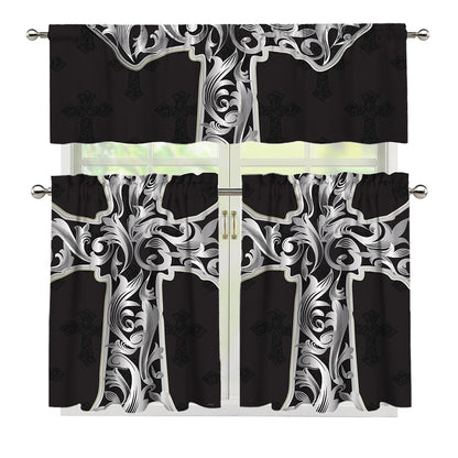 Ornamental Silver Cross Print 3 Piece Kitchen Curtains