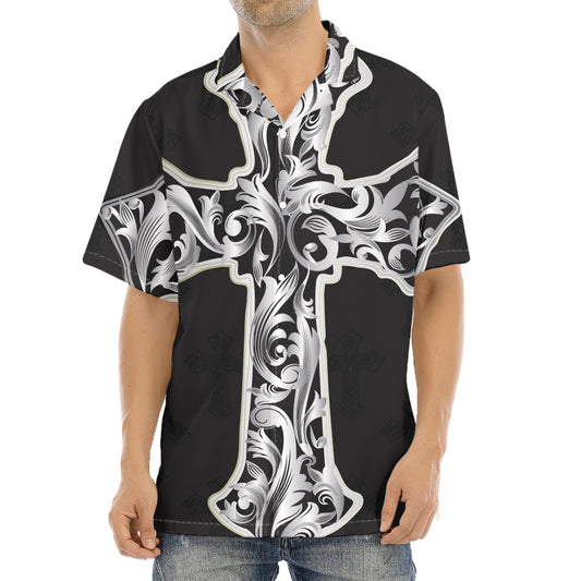 Ornamental Silver Cross Print Aloha Shirt