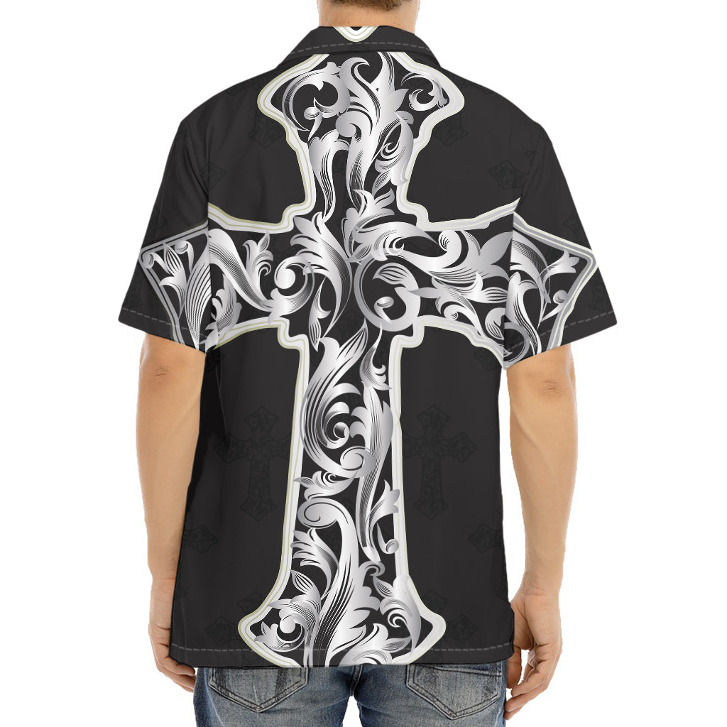 Ornamental Silver Cross Print Aloha Shirt