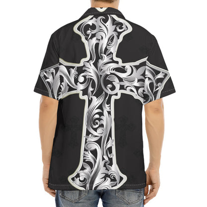 Ornamental Silver Cross Print Aloha Shirt