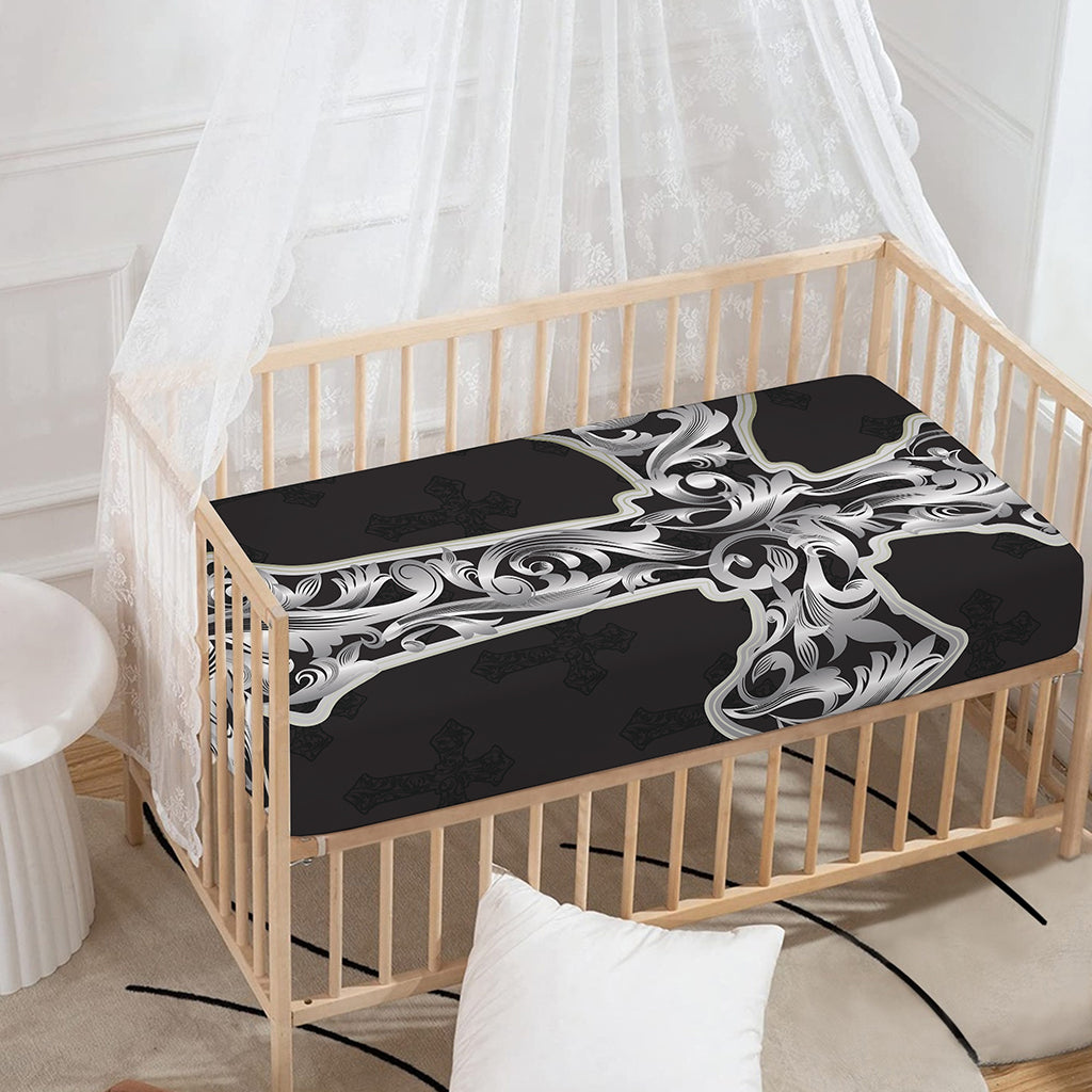 Ornamental Silver Cross Print Baby Crib Sheet