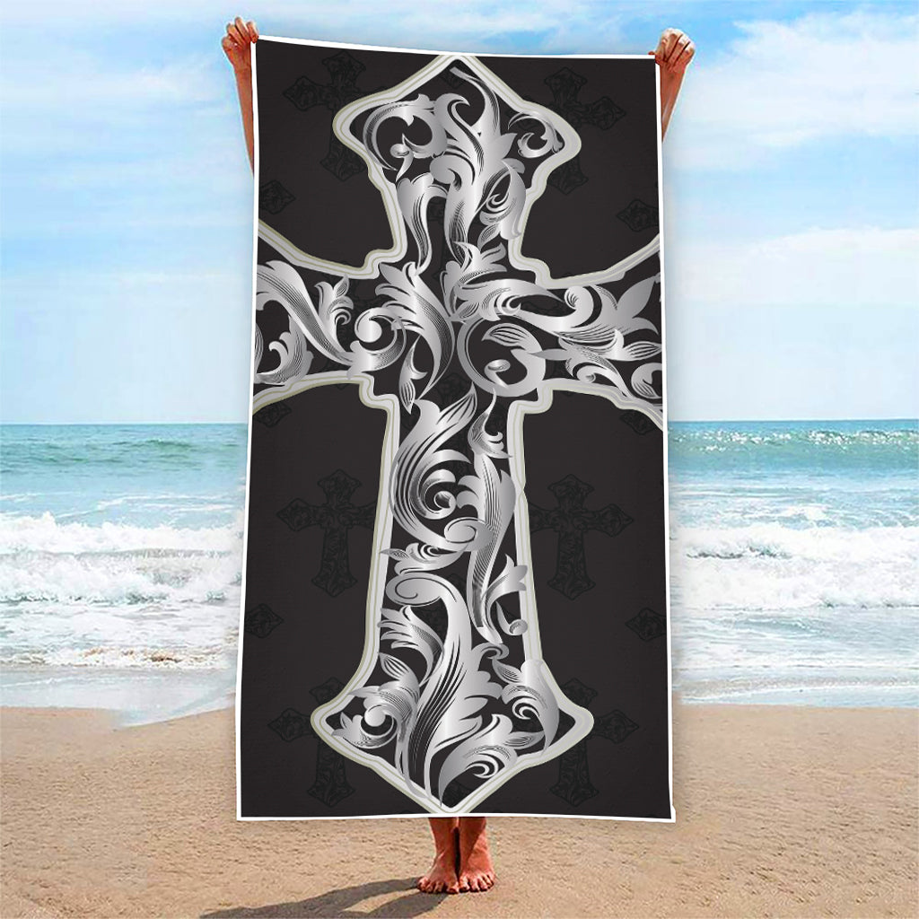 Ornamental Silver Cross Print Beach Towel