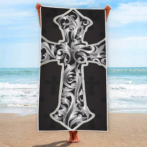 Ornamental Silver Cross Print Beach Towel