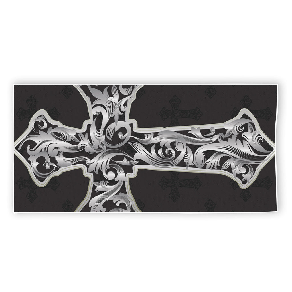 Ornamental Silver Cross Print Beach Towel