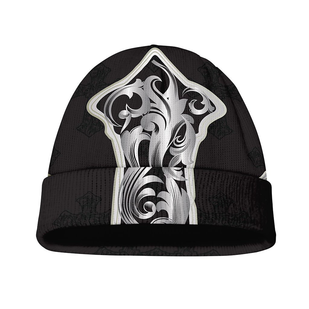 Ornamental Silver Cross Print Beanie