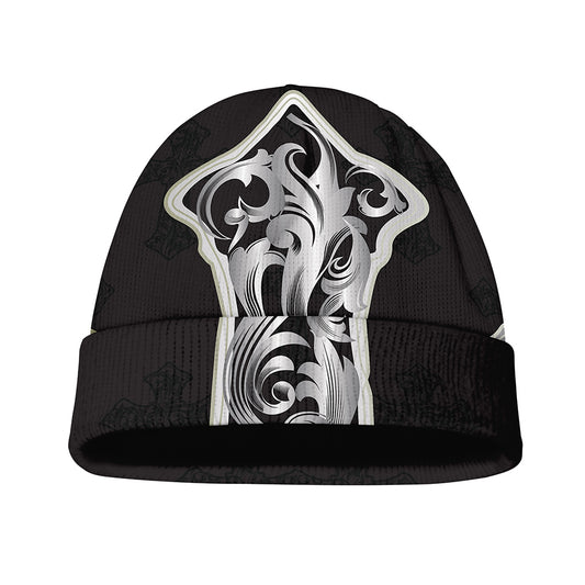 Ornamental Silver Cross Print Beanie