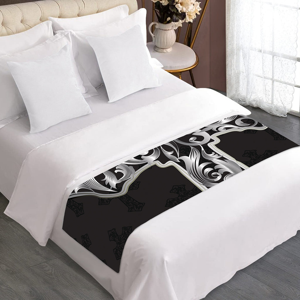 Ornamental Silver Cross Print Bed Runner