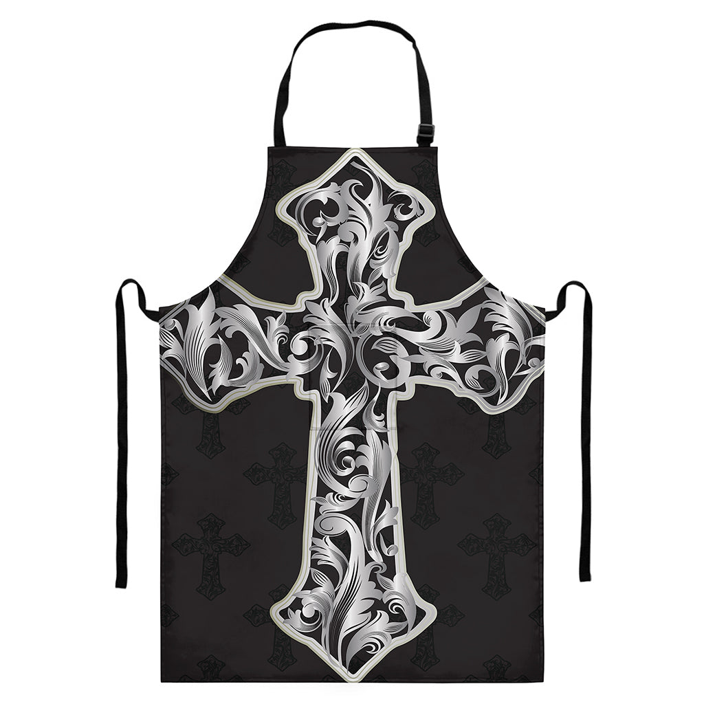 Ornamental Silver Cross Print Bib Apron With Pocket